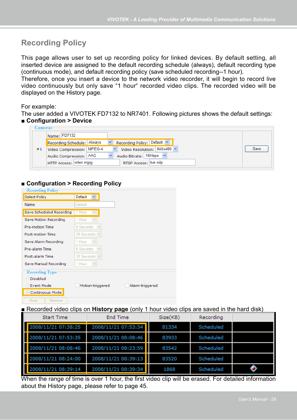 Recording policy | Vivotek NR7401 User Manual | Page 29 / 51