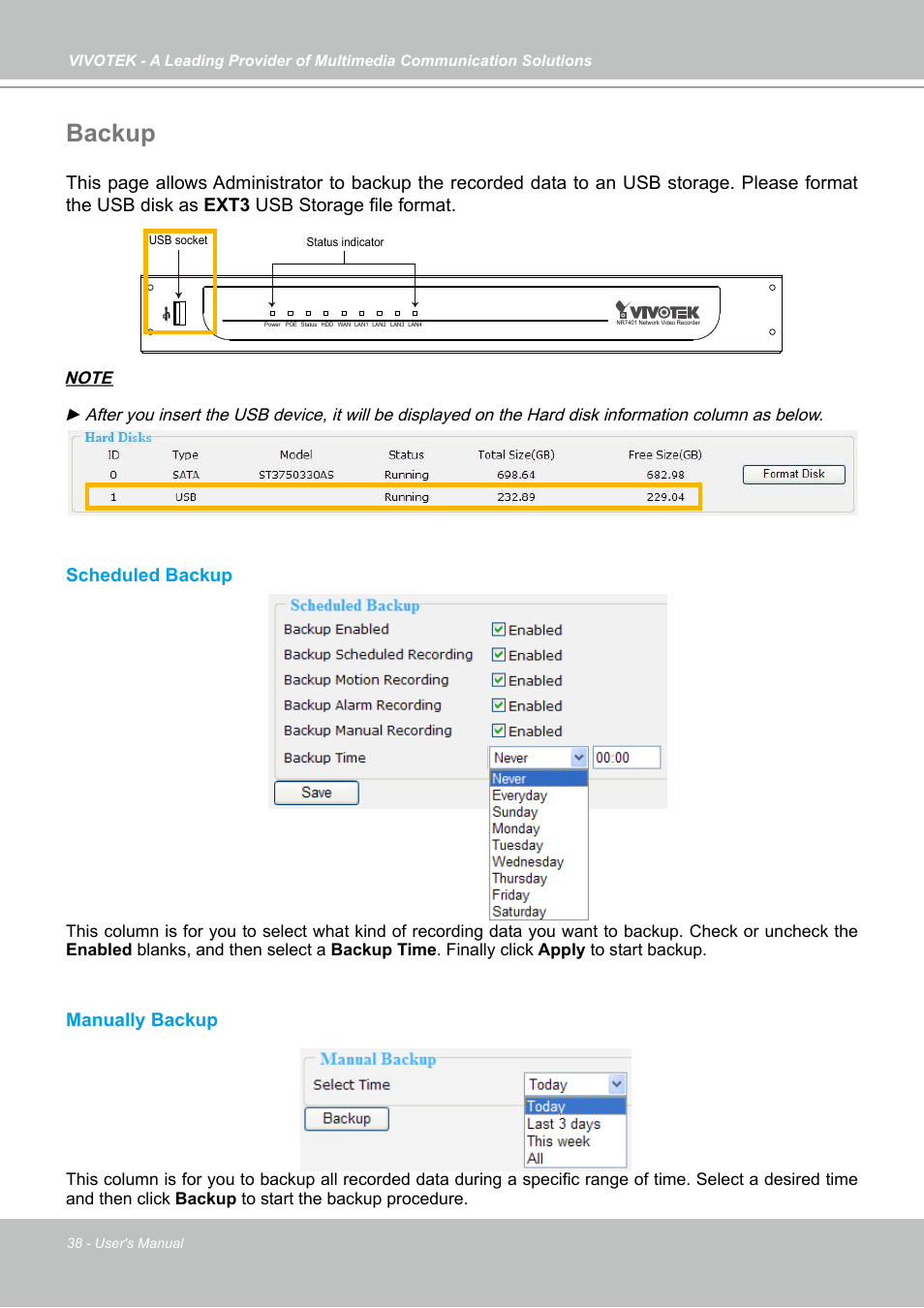 Backup | Vivotek NR7401 User Manual | Page 38 / 51