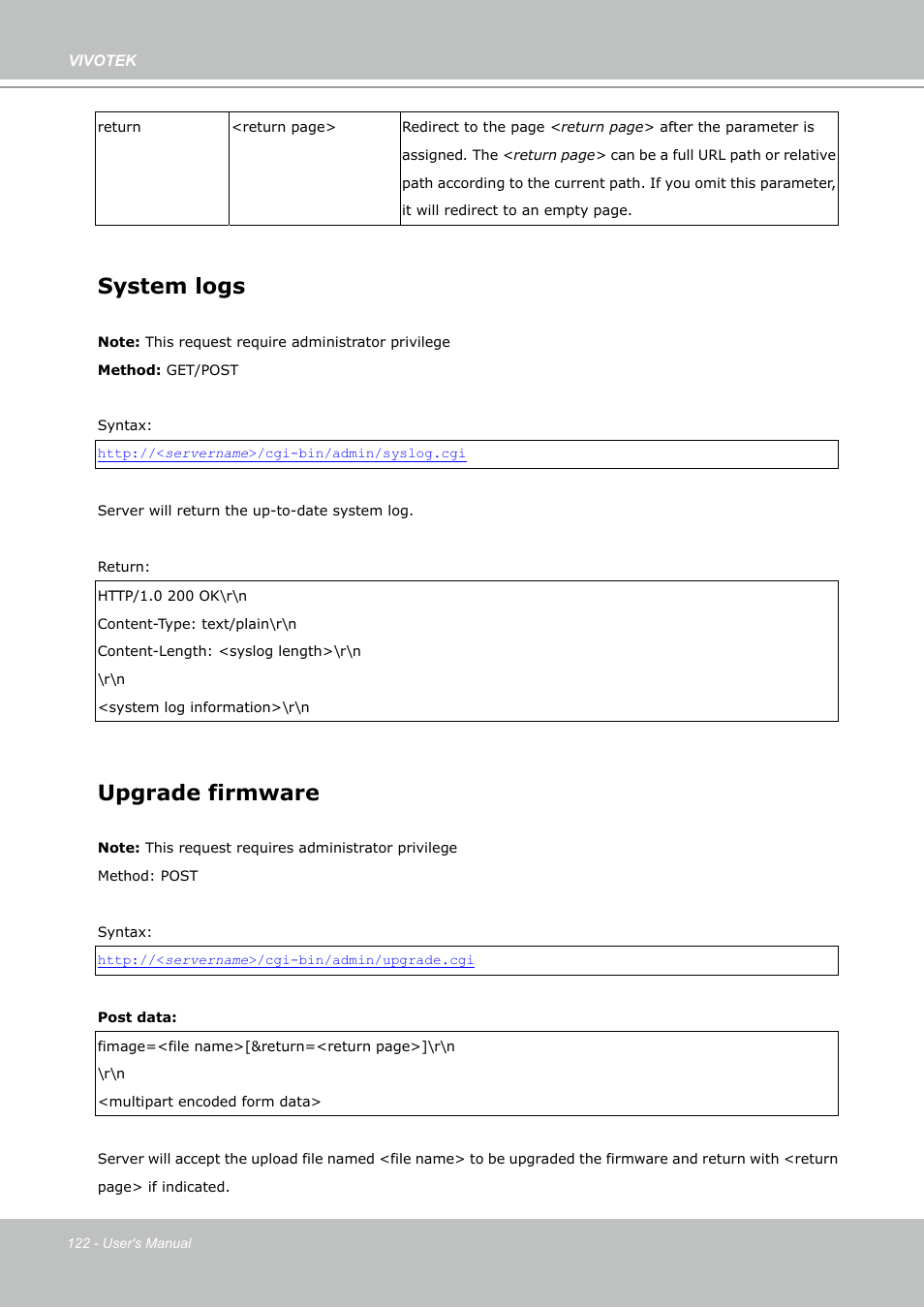 System logs, Upgrade firmware | Vivotek PZ7132 User Manual | Page 122 / 130