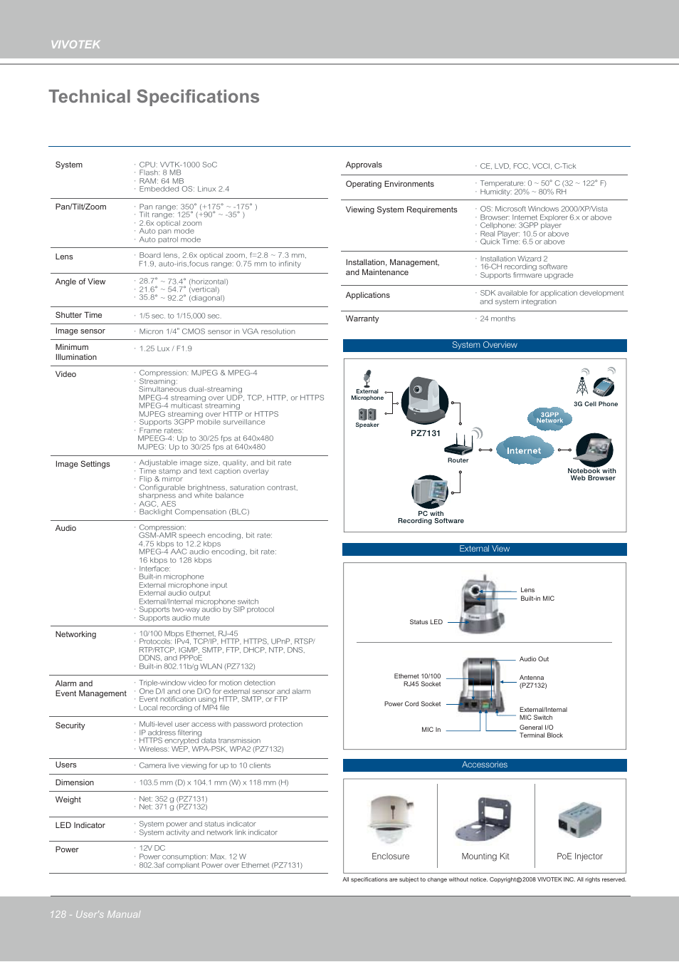 Technical specifications, Vivotek, Specifications | Vivotek PZ7132 User Manual | Page 128 / 130