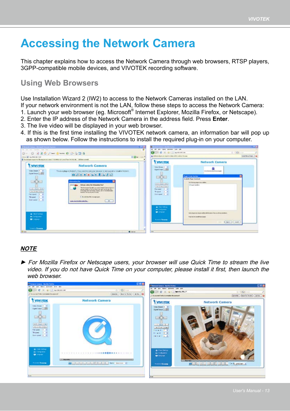 Accessing the network camera, Using web browsers | Vivotek PZ7132 User Manual | Page 13 / 130