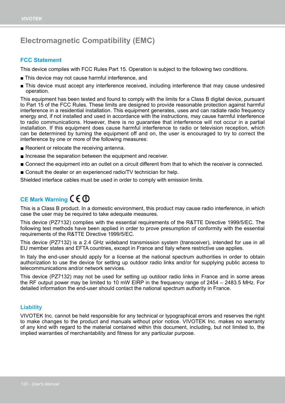 Electromagnetic compatibility (emc) | Vivotek PZ7132 User Manual | Page 130 / 130