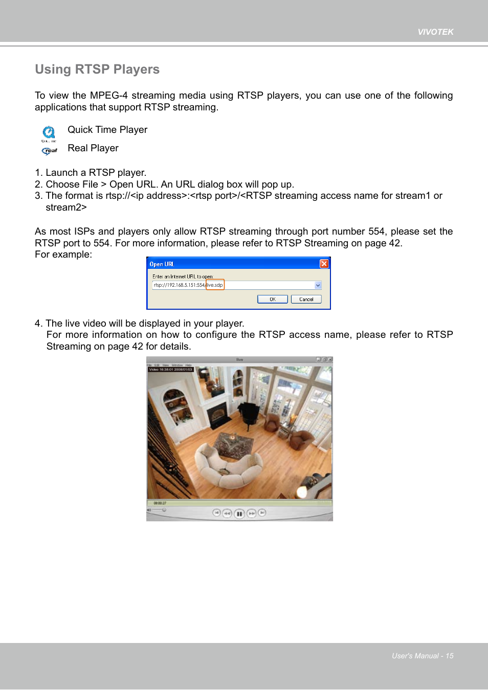 Using rtsp players | Vivotek PZ7132 User Manual | Page 15 / 130