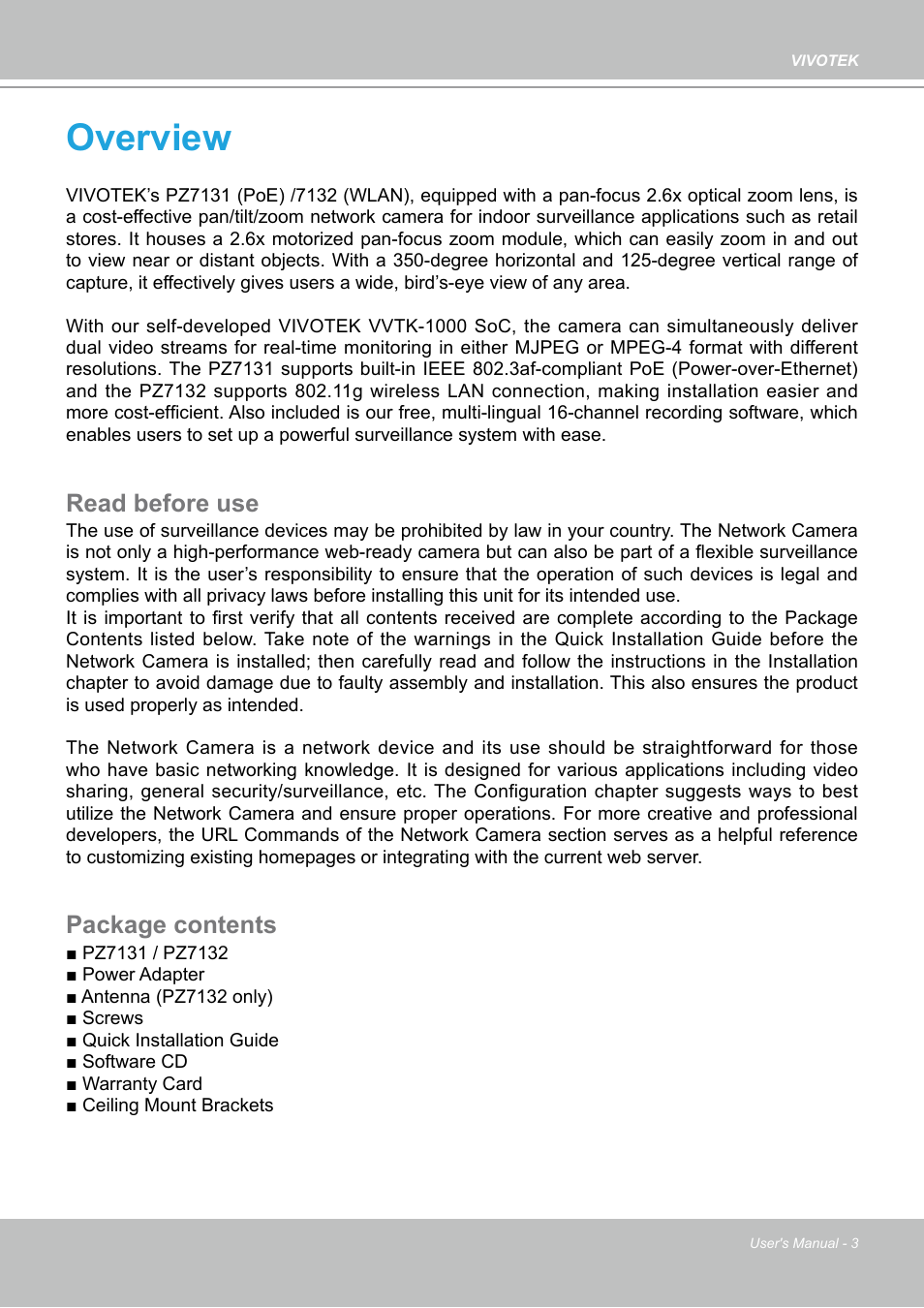 Overview, Read before use, Package contents | Vivotek PZ7132 User Manual | Page 3 / 130