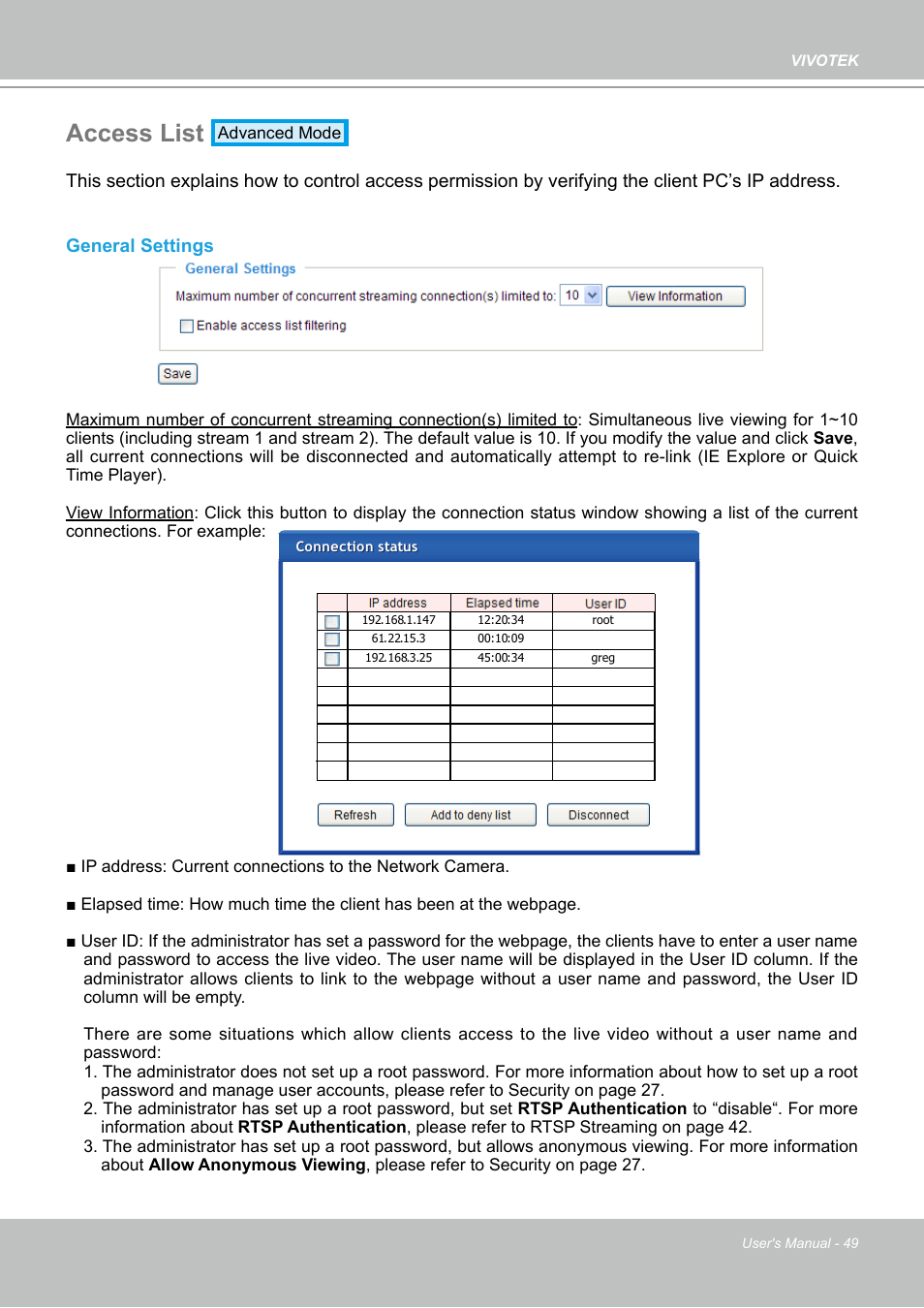 Access list | Vivotek PZ7132 User Manual | Page 49 / 130