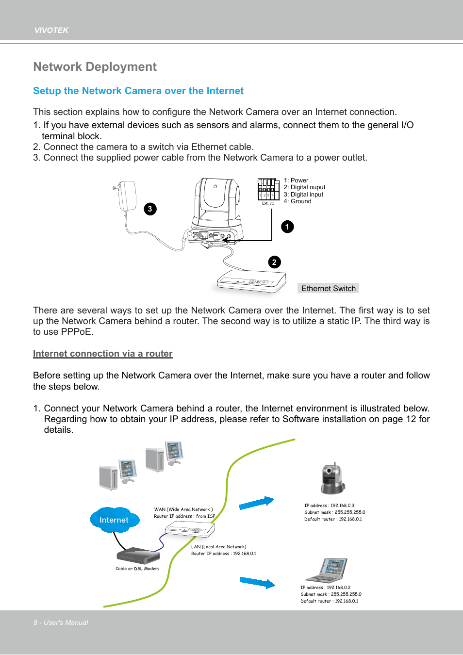 Network deployment, Setup the network camera over the internet | Vivotek PZ7132 User Manual | Page 8 / 130