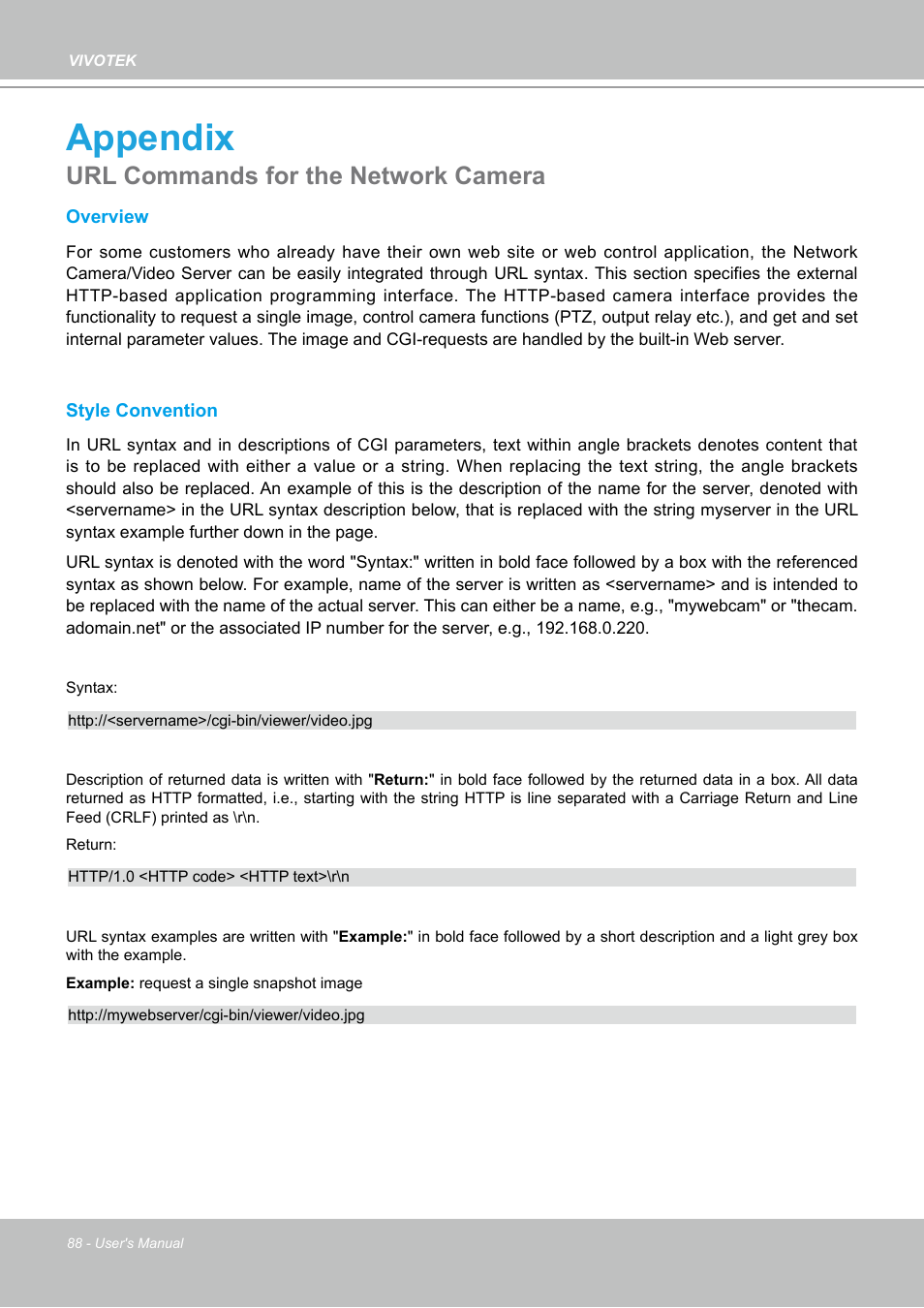 Appendix, Url commands for the network camera | Vivotek PZ7132 User Manual | Page 88 / 130