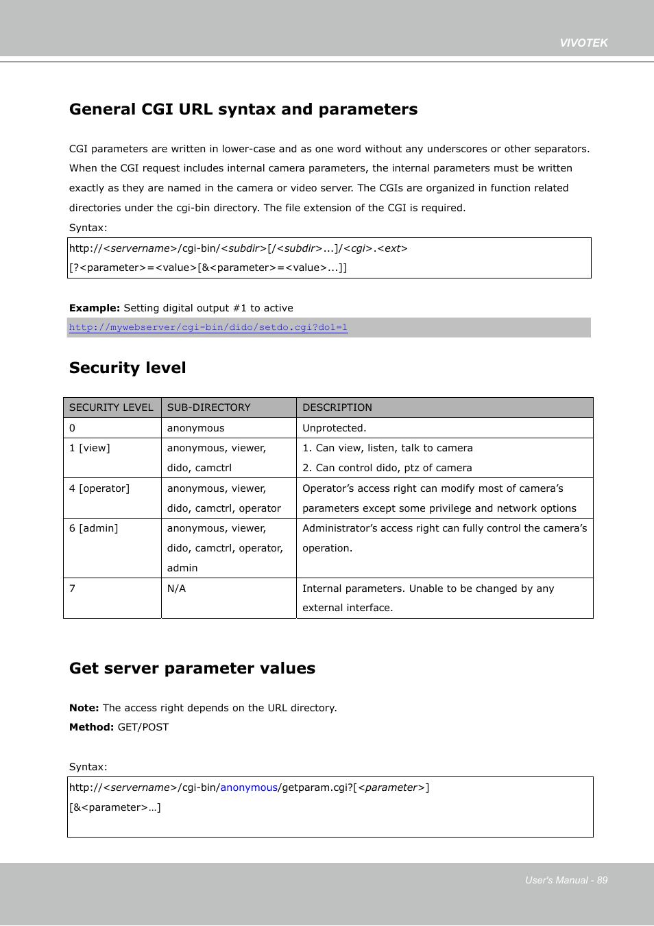 General cgi url syntax and parameters, Security level, Get server parameter values | Vivotek PZ7132 User Manual | Page 89 / 130