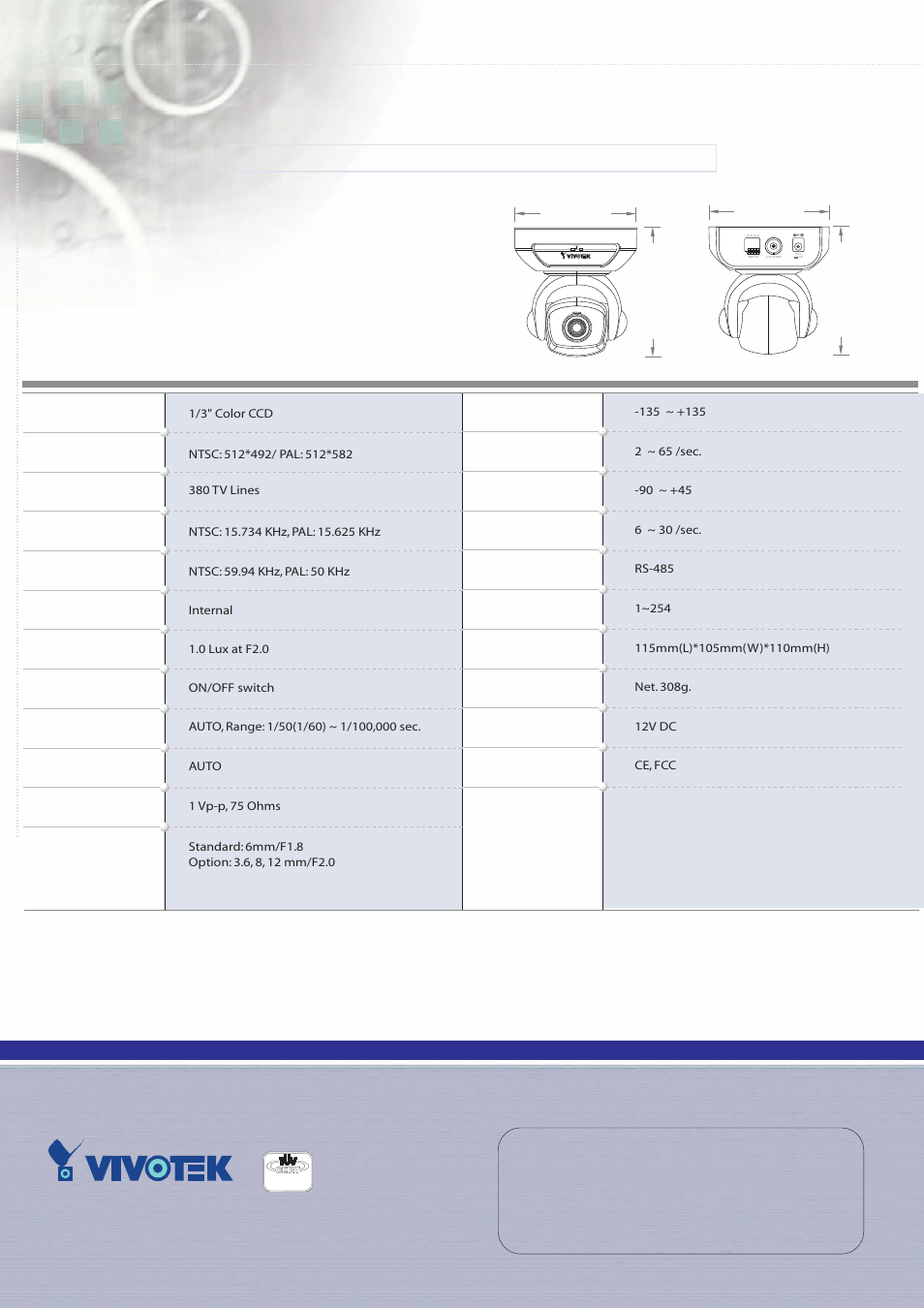 Cctv camera, Technical specifications, Echnical | Pecifications, Vivotek inc | Vivotek PT1111 User Manual | Page 2 / 2