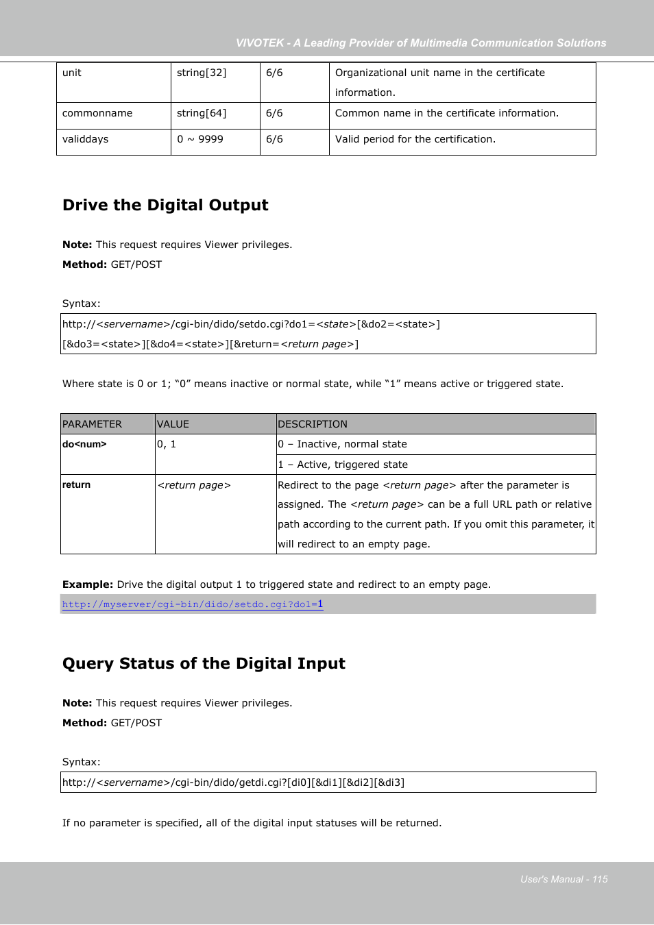 Drive the digital output, Query status of the digital input | Vivotek IP7130 User Manual | Page 115 / 125