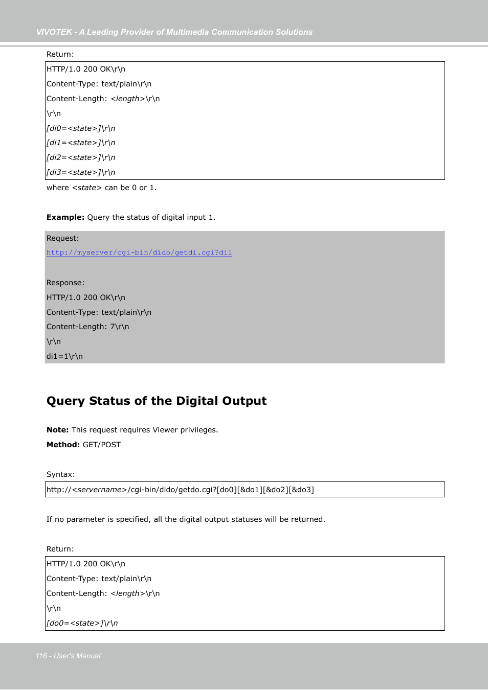 Query status of the digital output | Vivotek IP7130 User Manual | Page 116 / 125