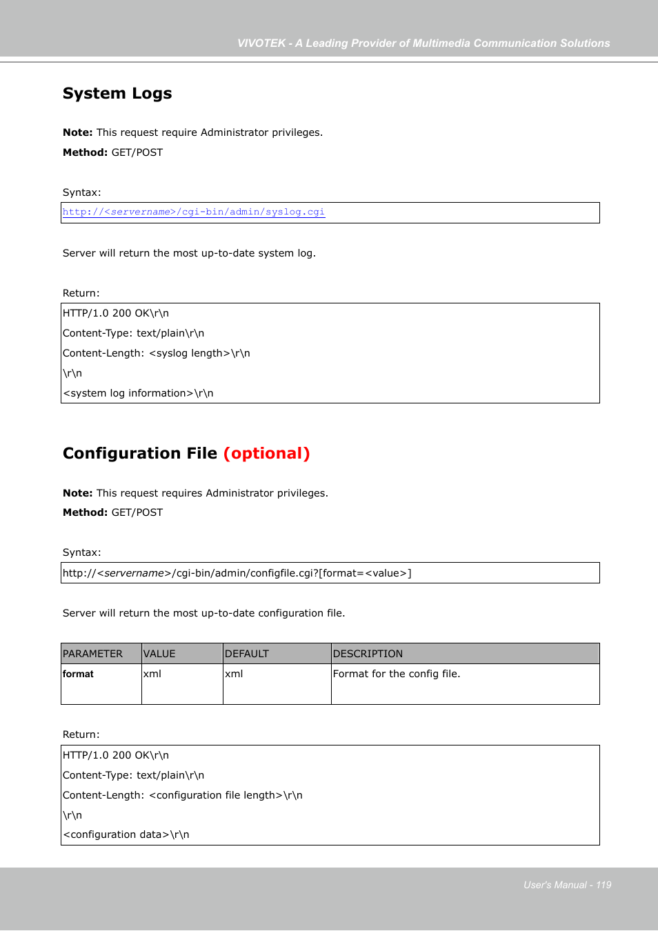 System logs, Configuration file (optional) | Vivotek IP7130 User Manual | Page 119 / 125