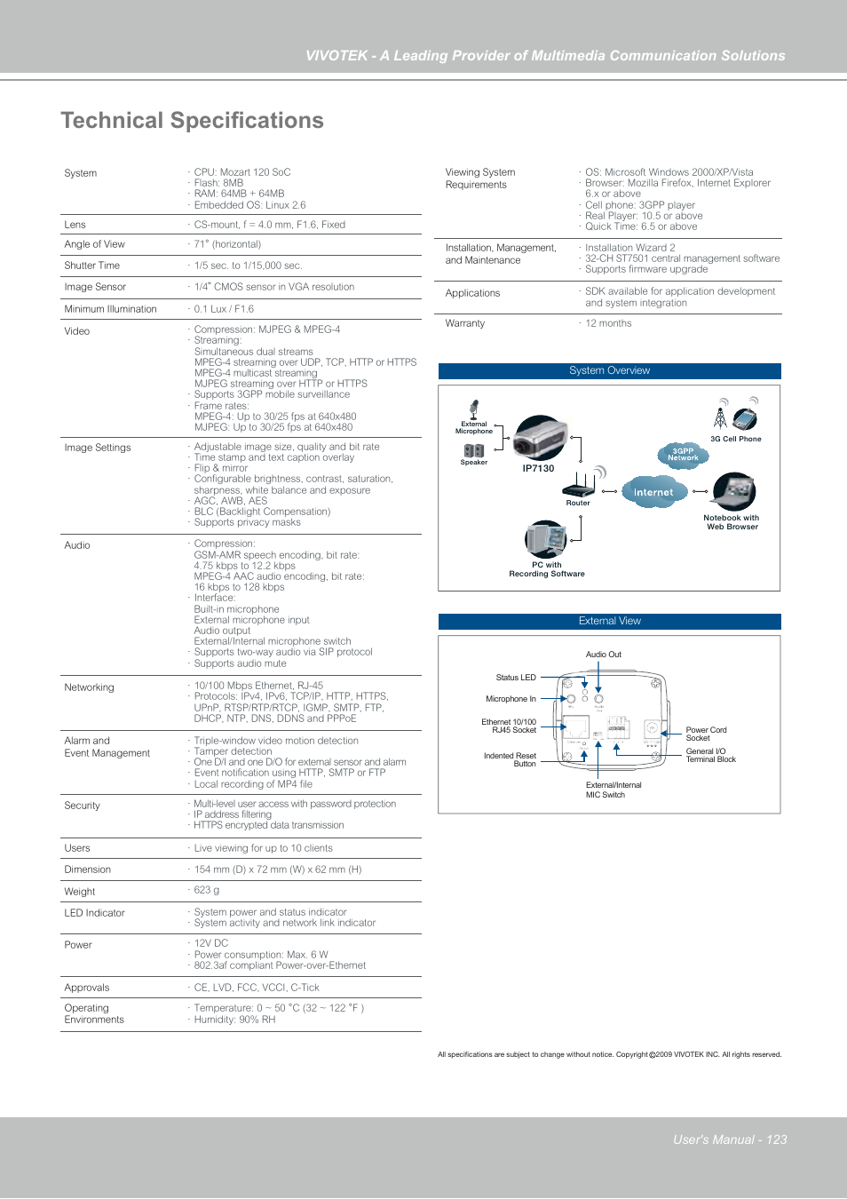 Technical specifications, Specifications | Vivotek IP7130 User Manual | Page 123 / 125