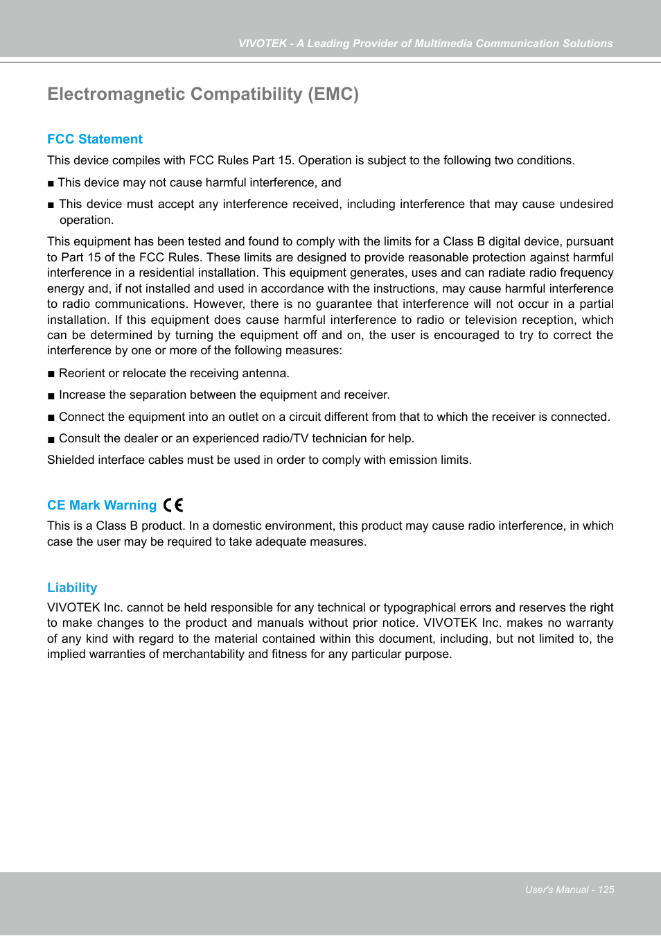 Electromagnetic compatibility (emc) | Vivotek IP7130 User Manual | Page 125 / 125