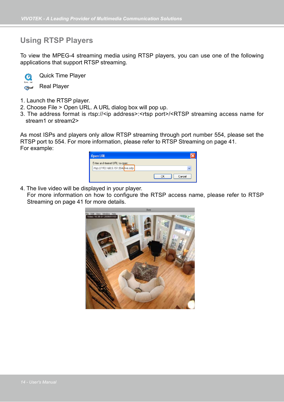 Using rtsp players | Vivotek IP7130 User Manual | Page 14 / 125