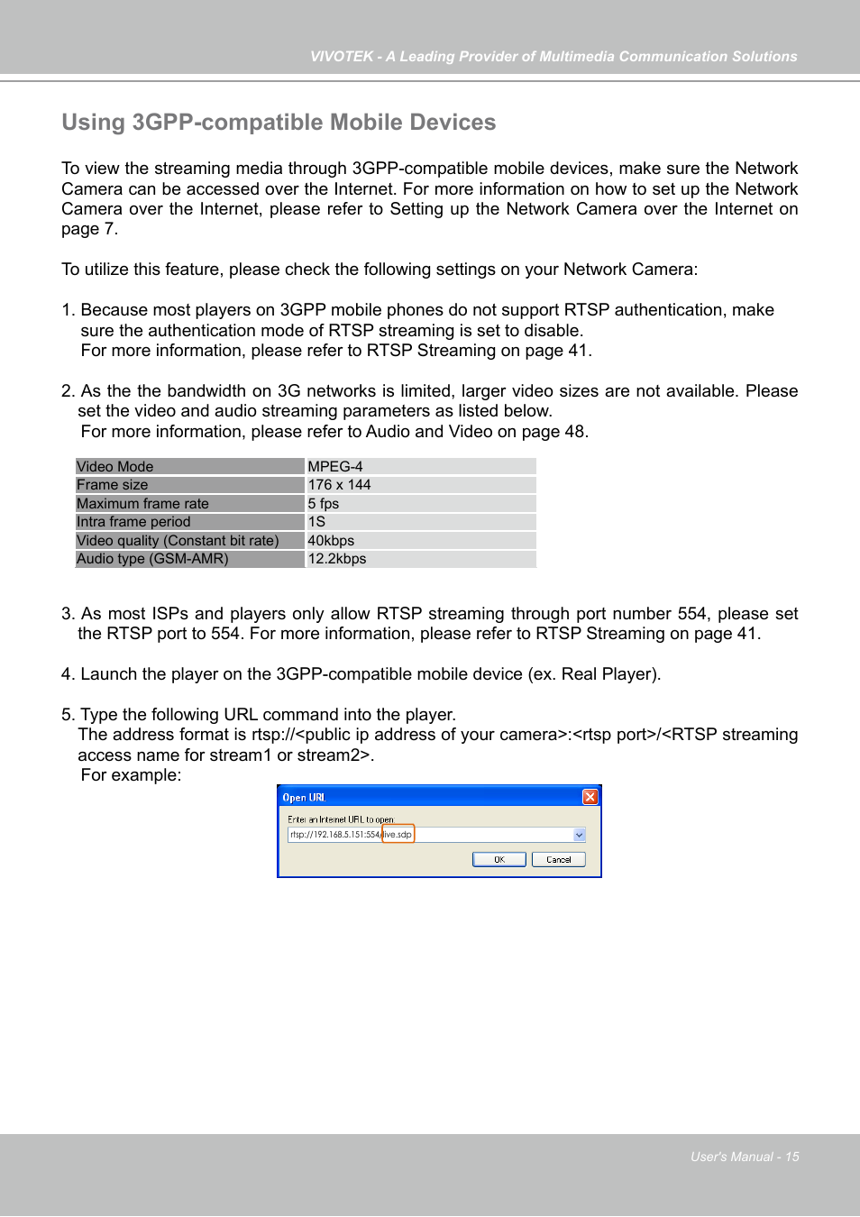 Using 3gpp-compatible mobile devices | Vivotek IP7130 User Manual | Page 15 / 125