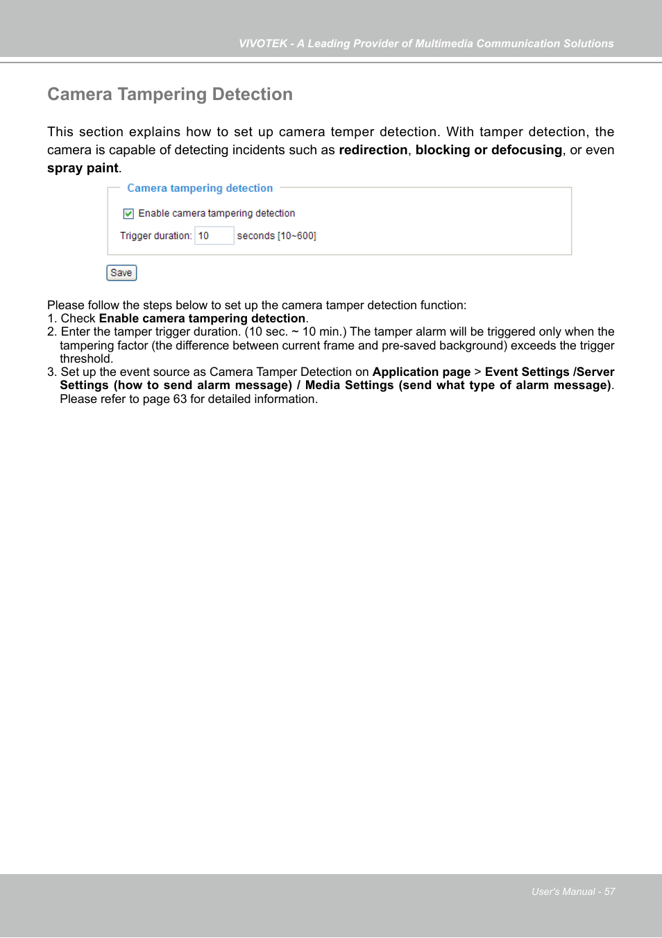 Camera tampering detection | Vivotek IP7130 User Manual | Page 57 / 125