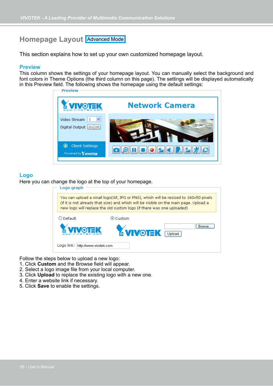 Homepage layout | Vivotek IP7130 User Manual | Page 58 / 125