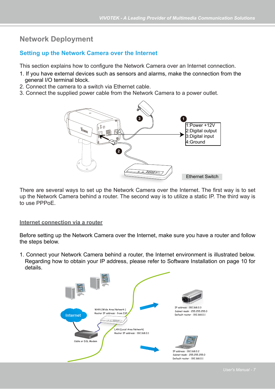 Network deployment, Setting up the network camera over the internet | Vivotek IP7130 User Manual | Page 7 / 125