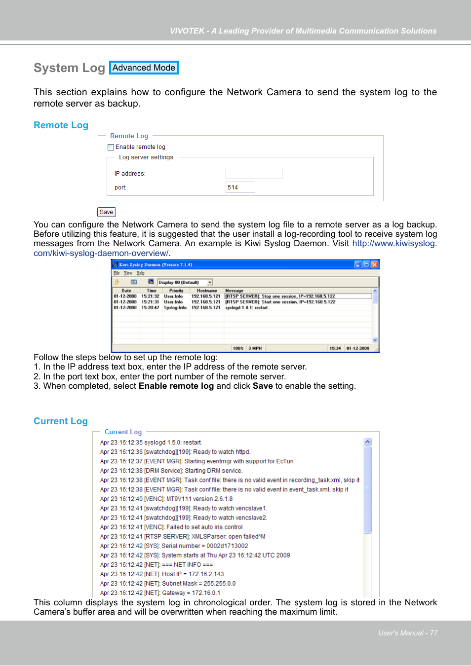System log | Vivotek IP7130 User Manual | Page 77 / 125