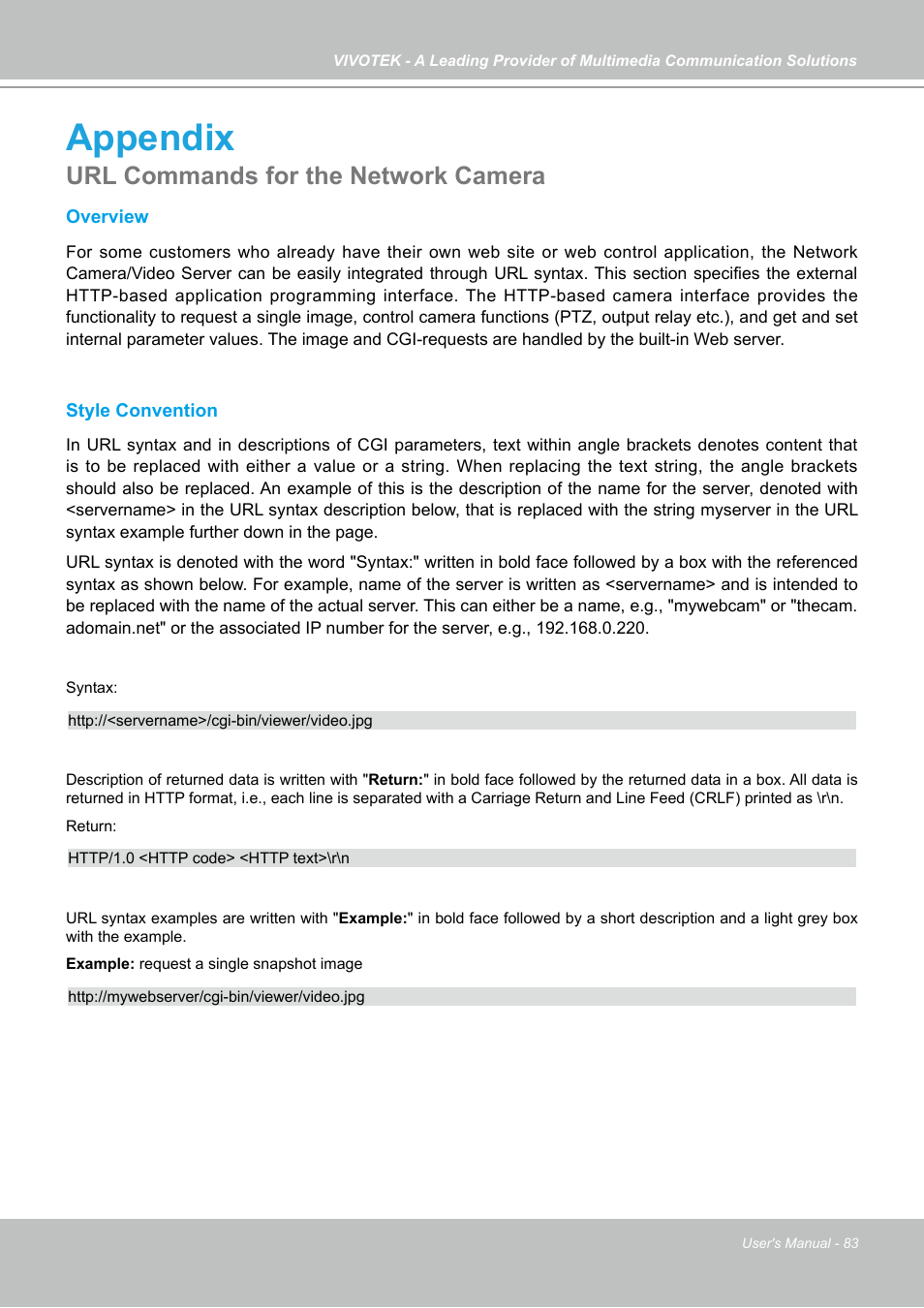 Appendix, Url commands for the network camera | Vivotek IP7130 User Manual | Page 83 / 125