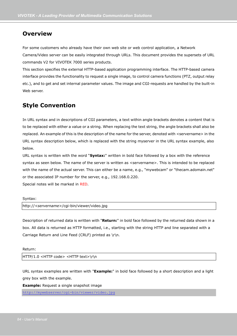 Overview, Style convention | Vivotek IP7130 User Manual | Page 84 / 125