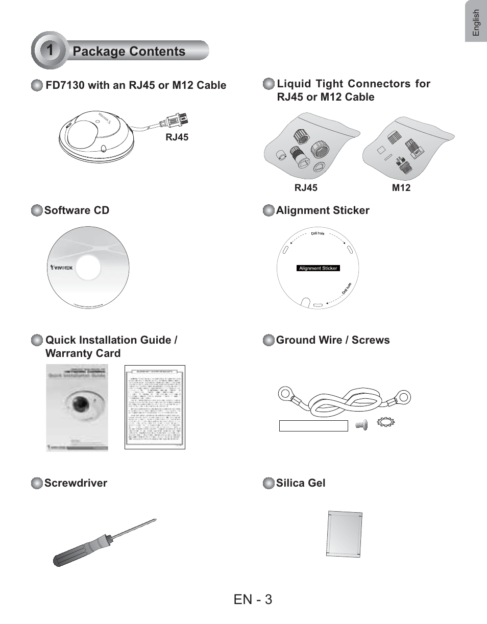 En - 3, Package contents | Vivotek FD7130 User Manual | Page 4 / 14