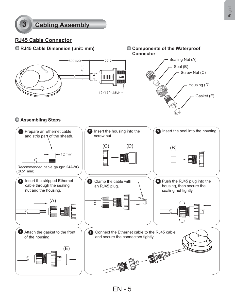 En - 5, Cabling assembly, Rj45 cable connector | Vivotek FD7130 User Manual | Page 6 / 14