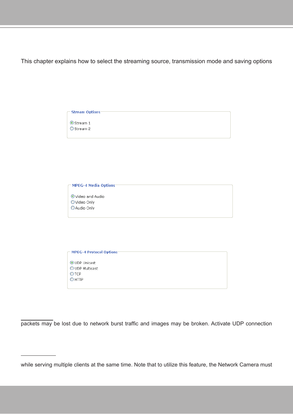 Client settings, Stream options, Mpeg-4 media options | Mpeg-4 protocol options | Vivotek IP7251 User Manual | Page 19 / 109