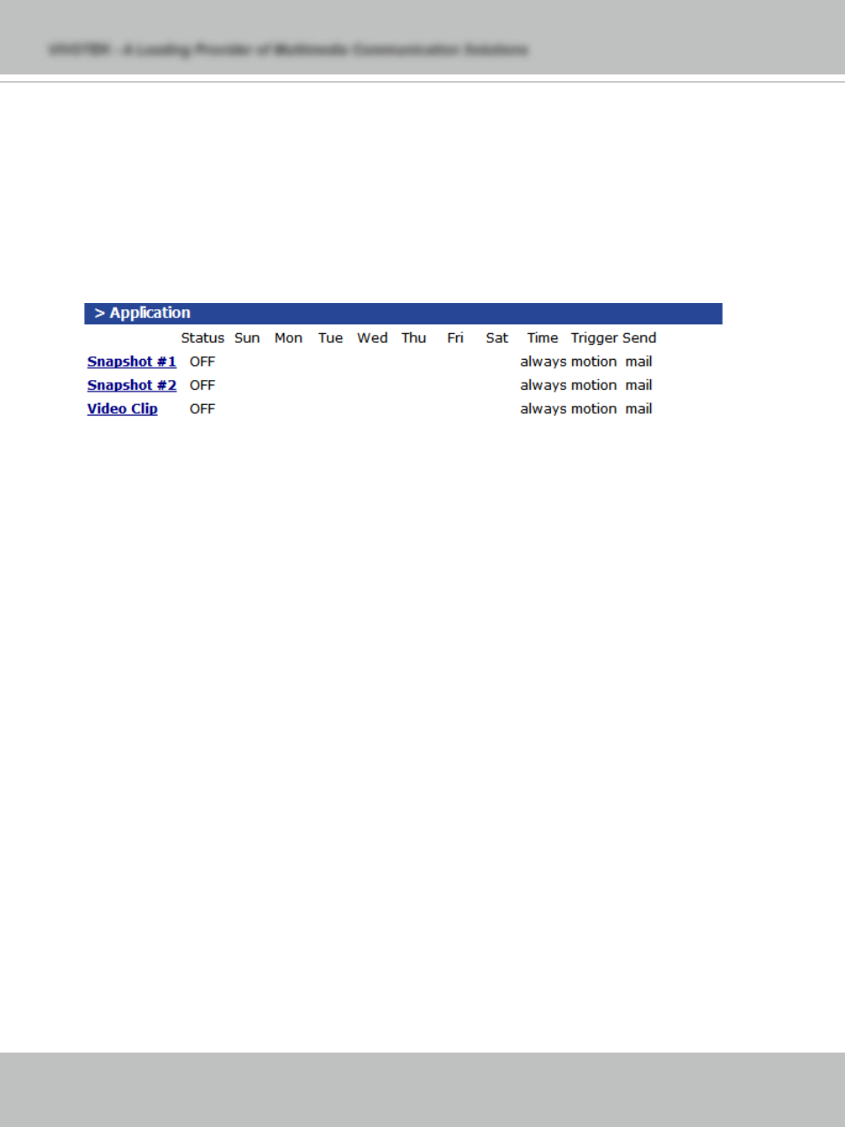 Application settings, Snapshot, Weekly schedule | Snapshot file name prefix, Send out the snapshot while motion detection, Sequential operation, Method for sending snapshot | Vivotek IP71353 User Manual | Page 38 / 67