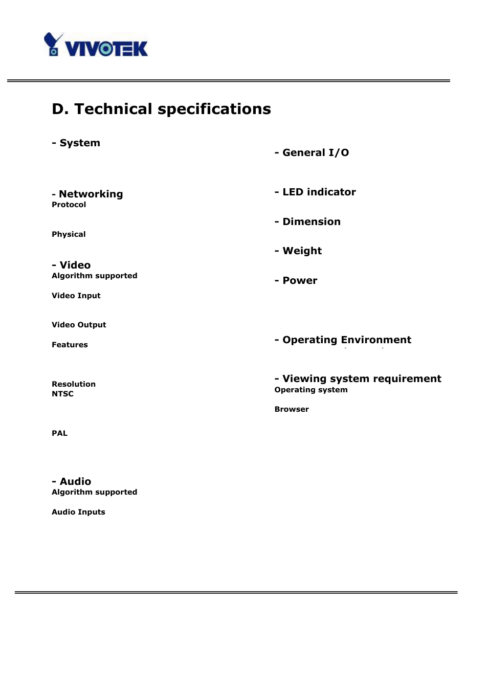 D. technical specifications | Vivotek VS3100P User Manual | Page 68 / 69
