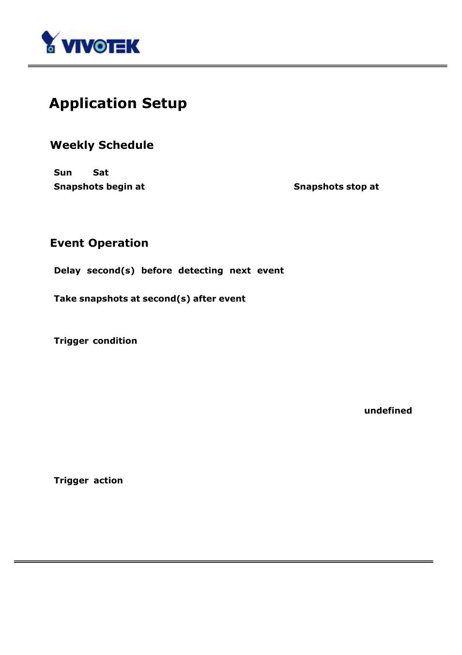 Application setup, Weekly schedule, Event operation | Vivotek PT3114 User Manual | Page 47 / 70