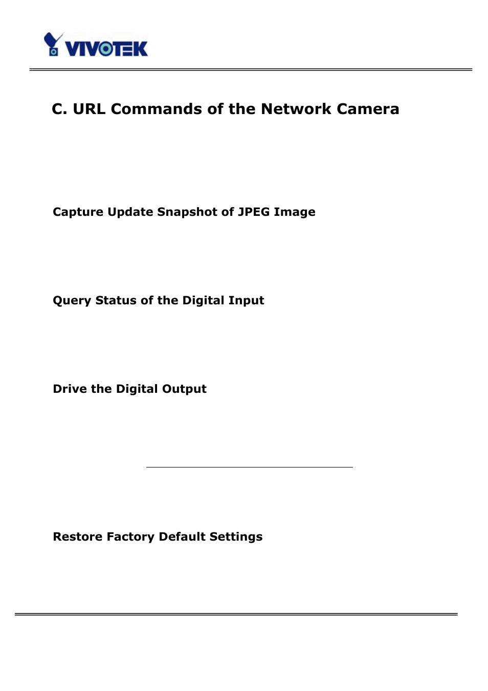 C. url commands of the network camera, Capture update snapshot of jpeg image, Query status of the digital input | Drive the digital output, Restore factory default settings | Vivotek PT3114 User Manual | Page 55 / 70
