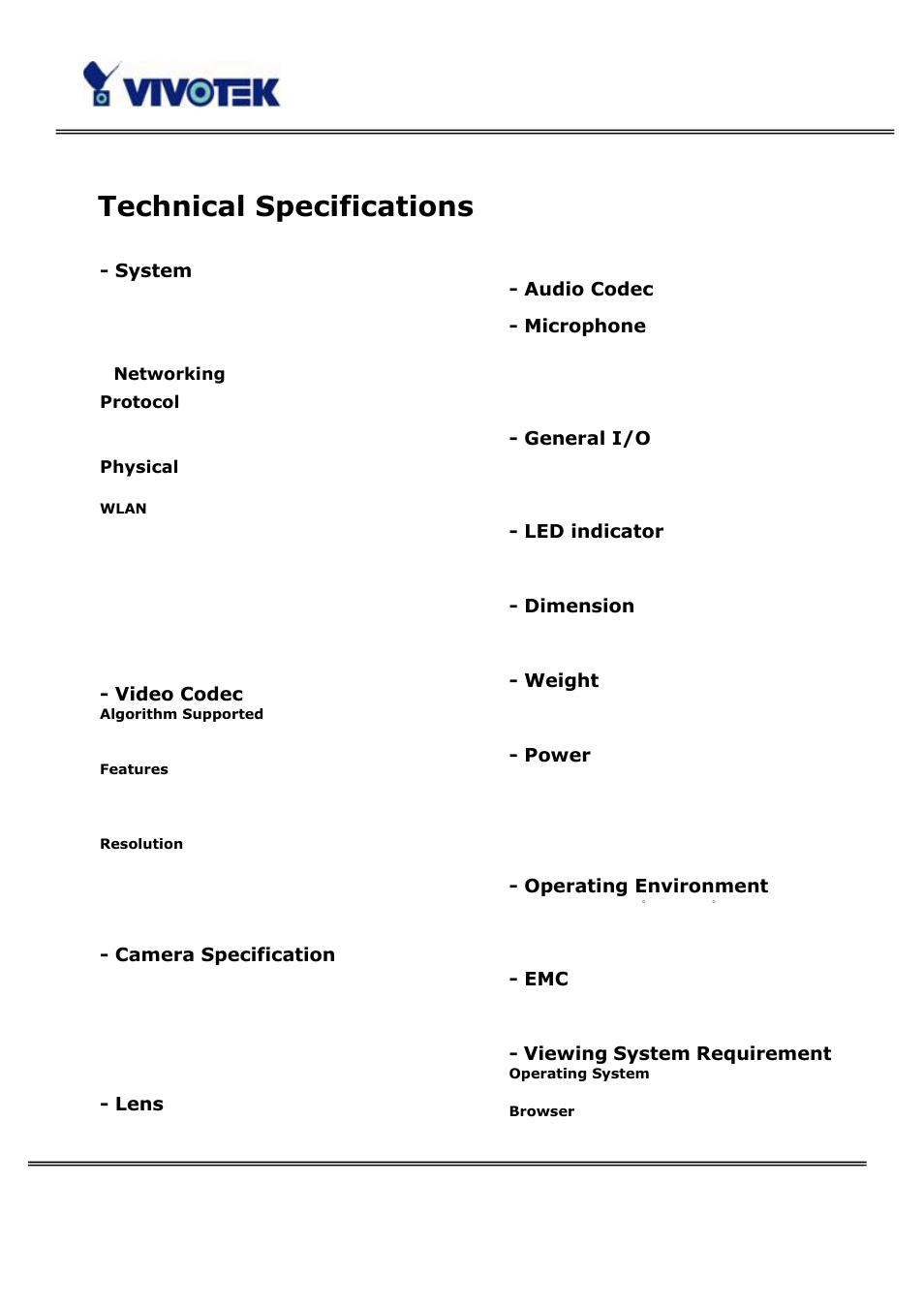Technical specifications | Vivotek PT3114 User Manual | Page 69 / 70