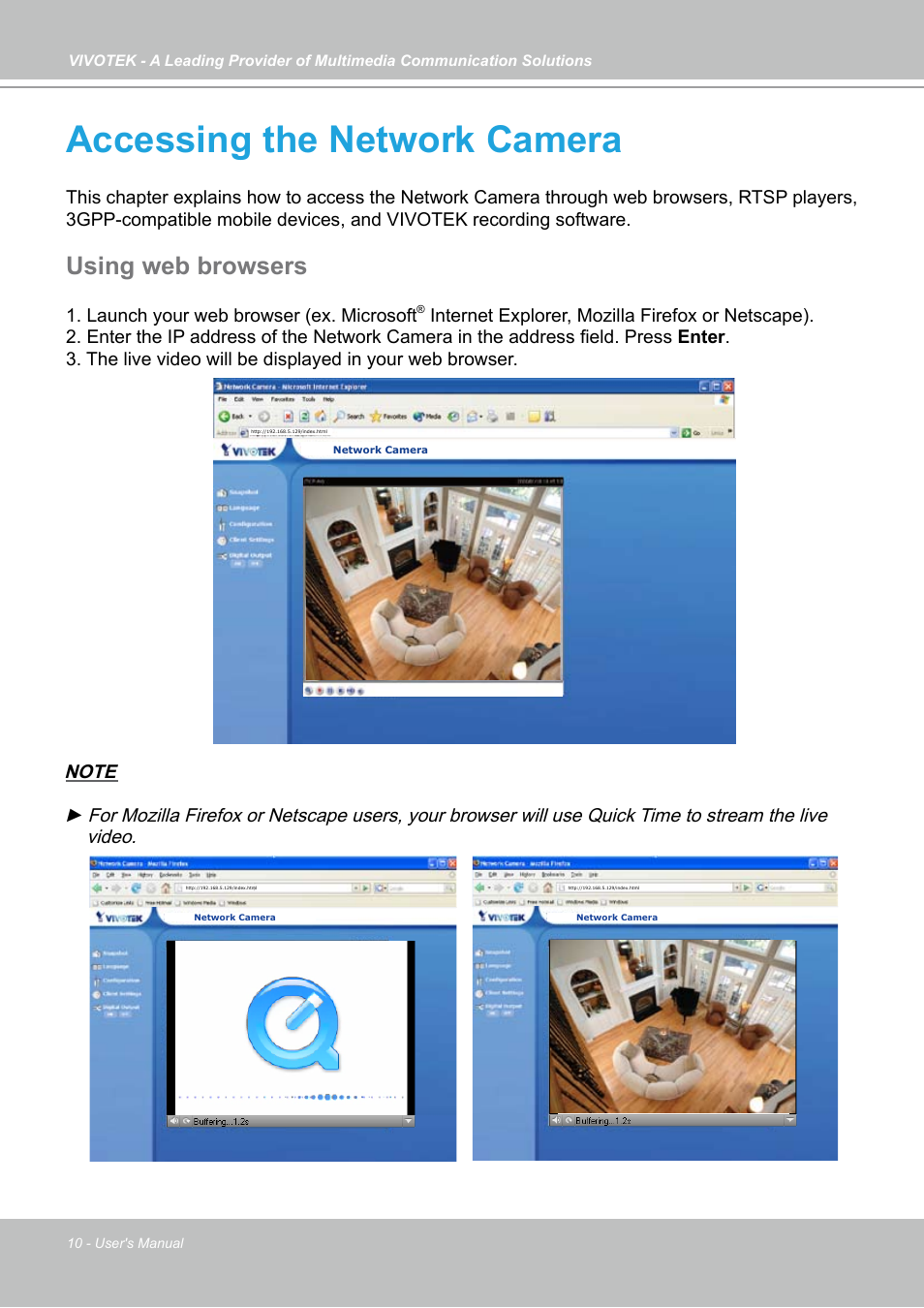 Accessing the network camera, Using web browsers | Vivotek IP7133 (WIRED) User Manual | Page 10 / 90