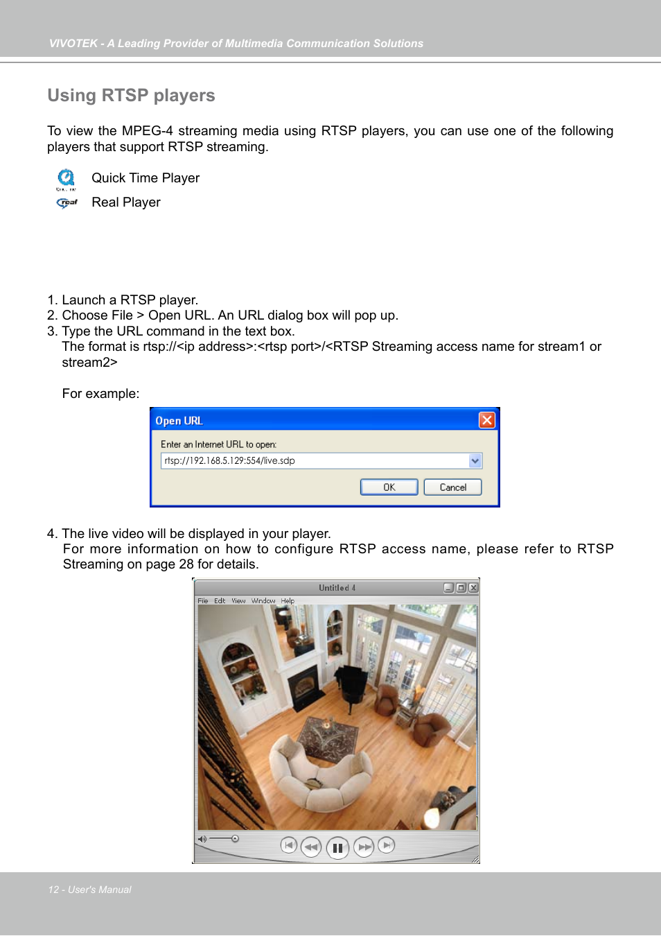 Using rtsp players | Vivotek IP7133 (WIRED) User Manual | Page 12 / 90