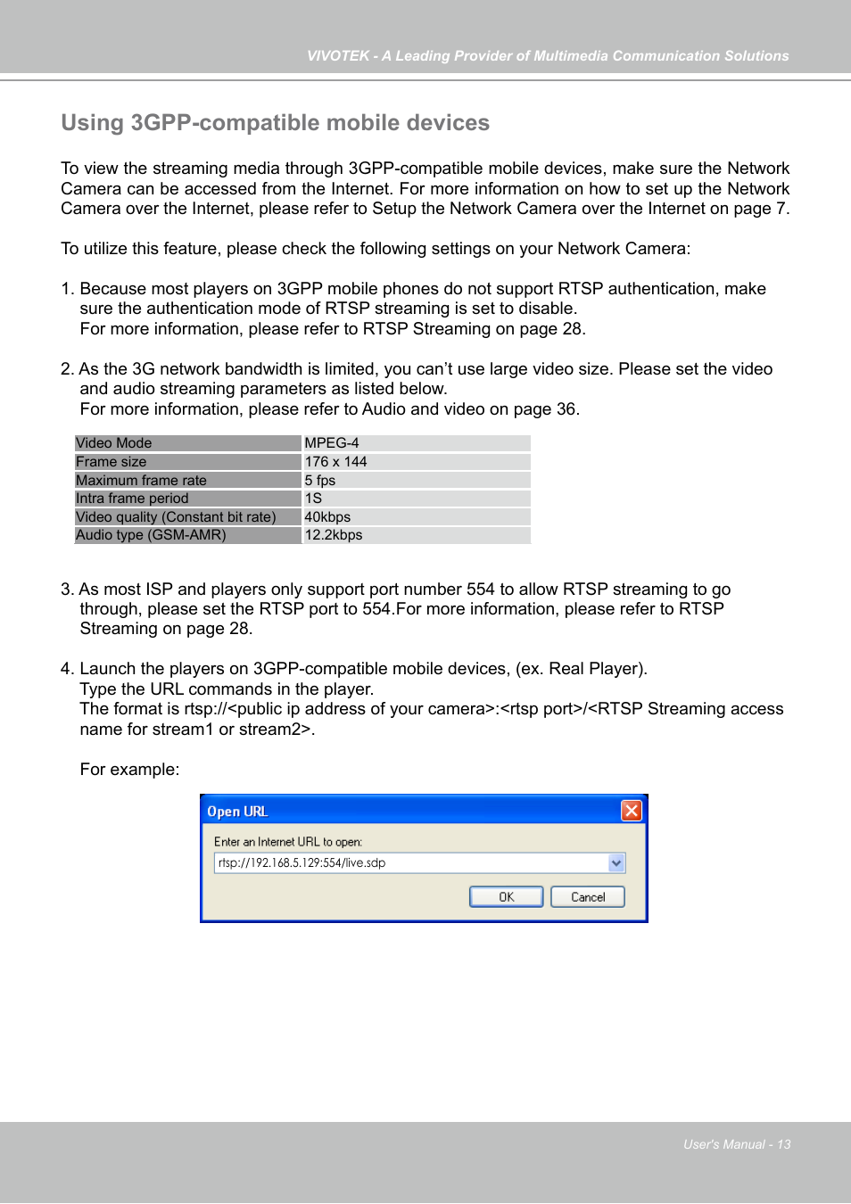 Using 3gpp-compatible mobile devices | Vivotek IP7133 (WIRED) User Manual | Page 13 / 90