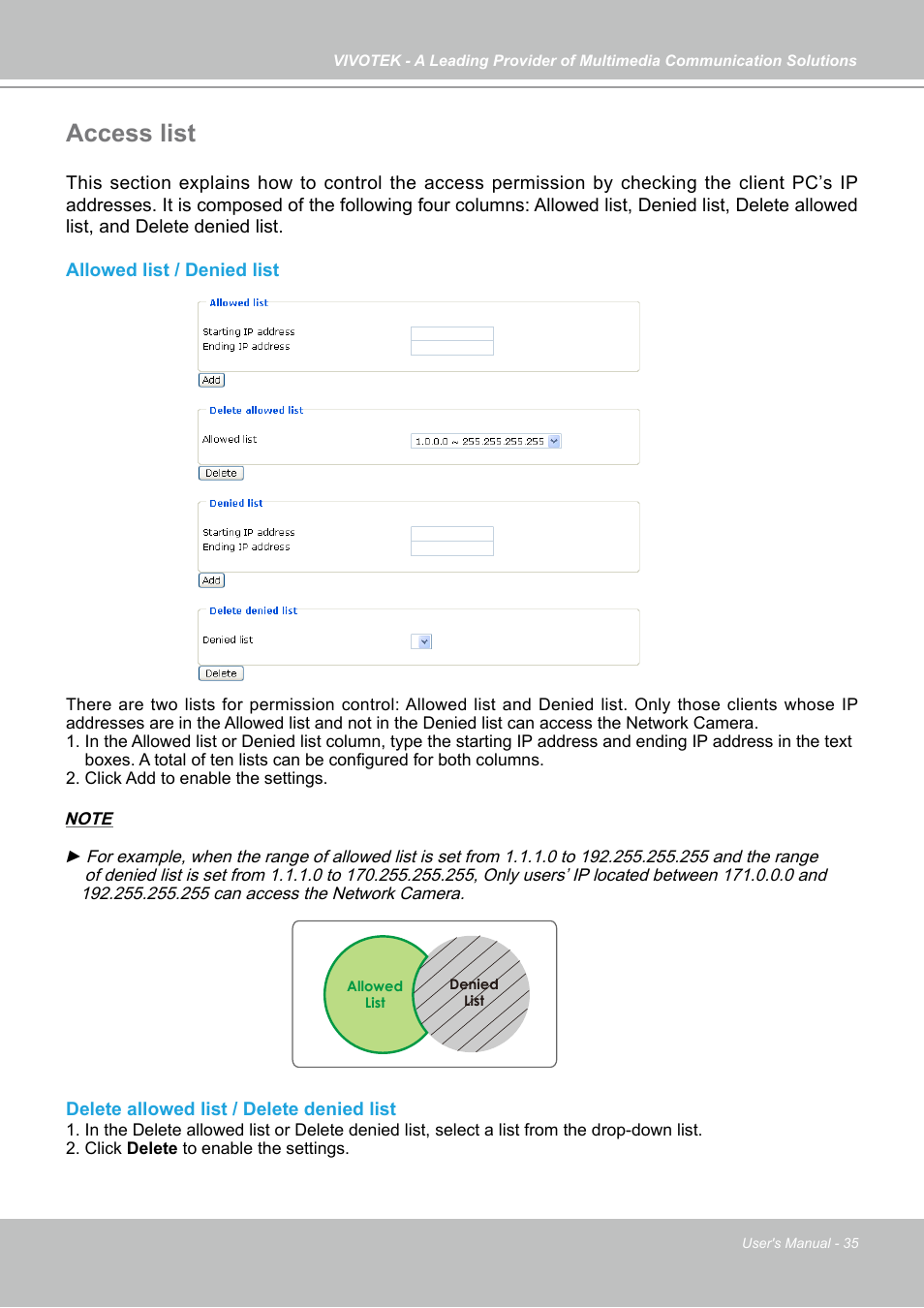 Access list | Vivotek IP7133 (WIRED) User Manual | Page 35 / 90