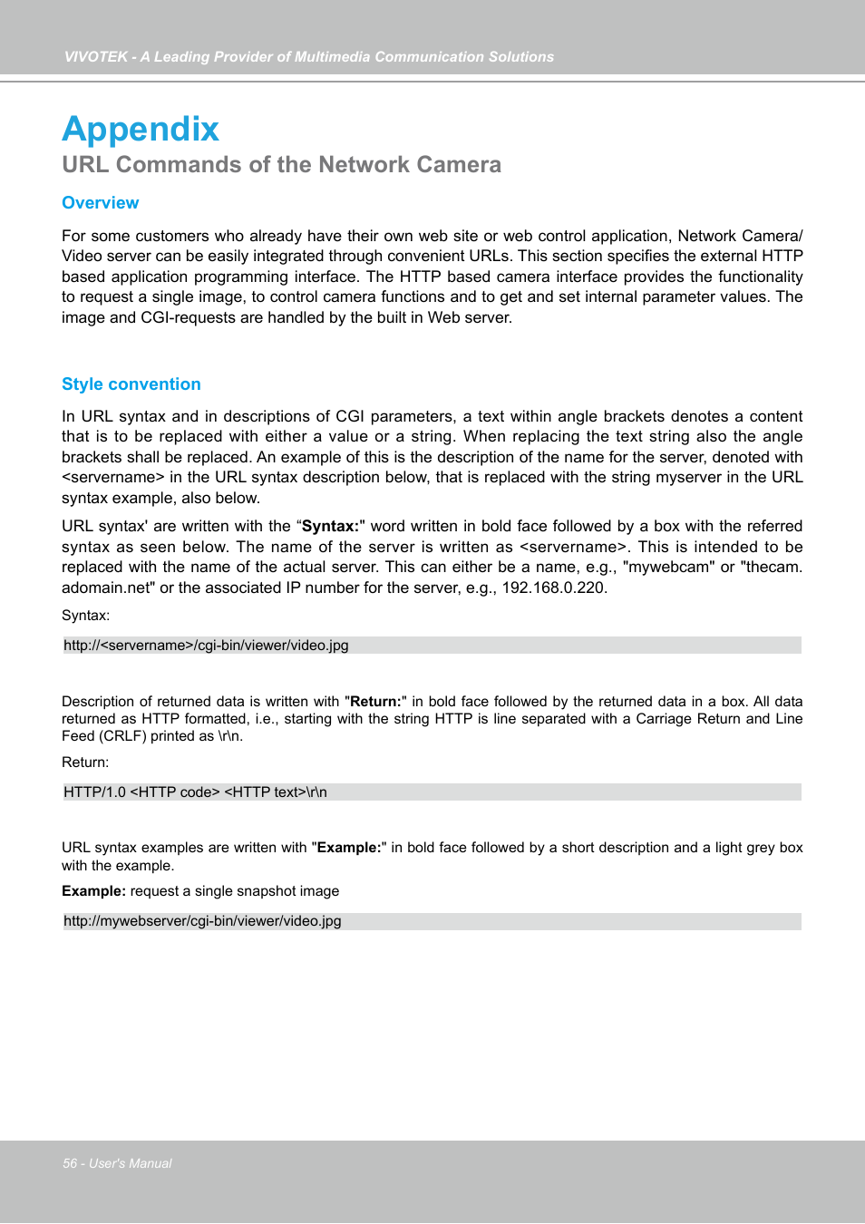 Appendix, Url commands of the network camera | Vivotek IP7133 (WIRED) User Manual | Page 56 / 90