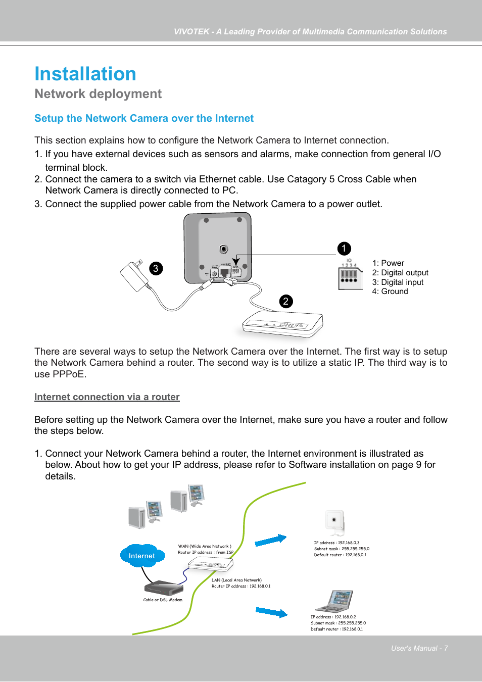 Installation, Network deployment, Setup the network camera over the internet | Vivotek IP7133 (WIRED) User Manual | Page 7 / 90