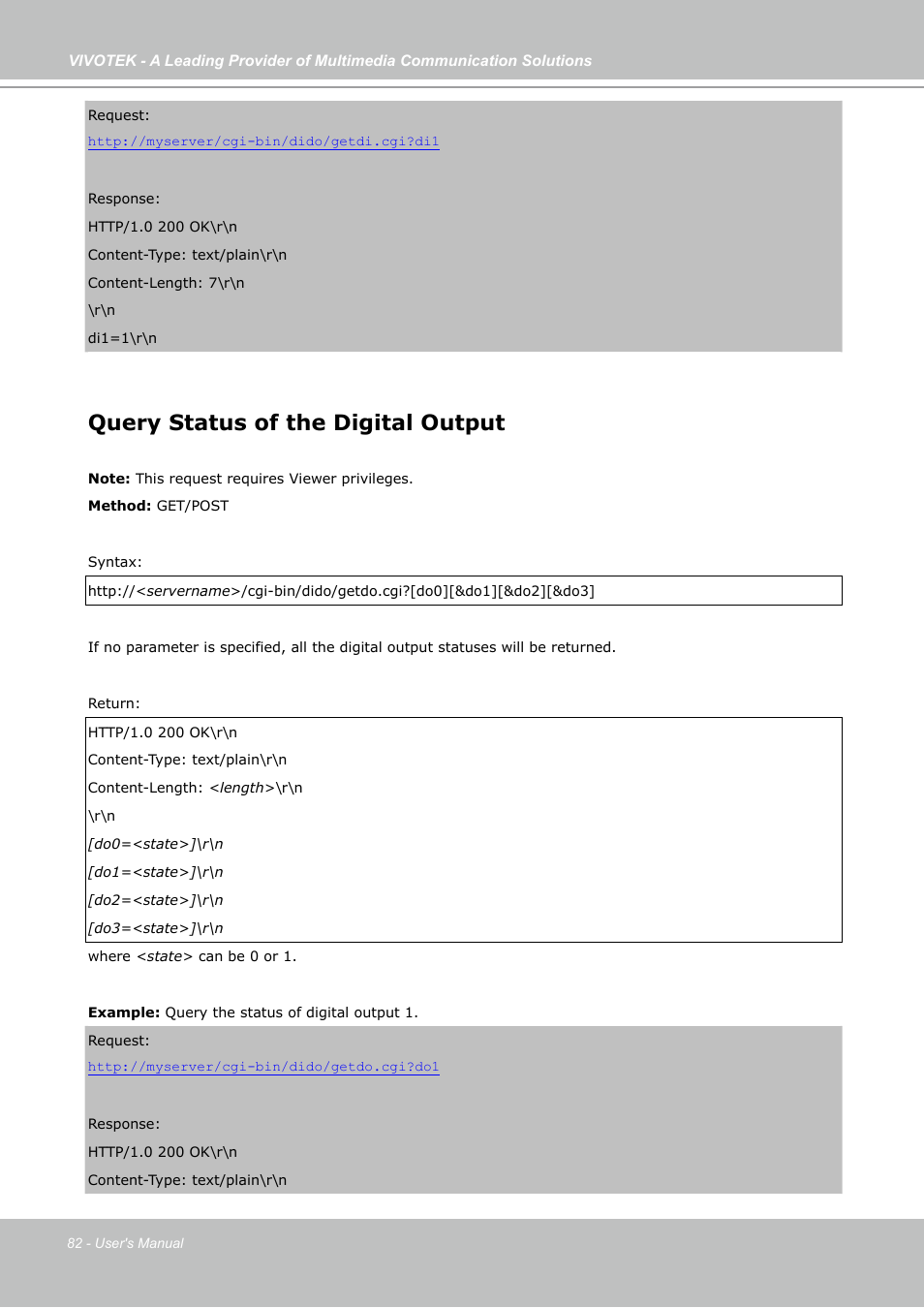 Query status of the digital output | Vivotek IP7133 (WIRED) User Manual | Page 82 / 90