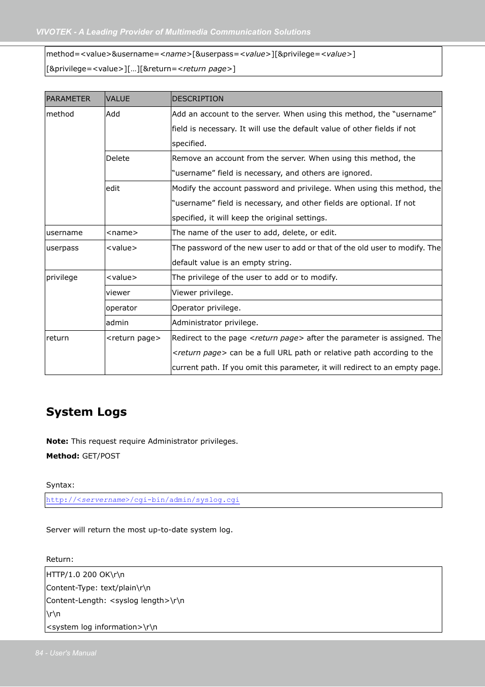 System logs | Vivotek IP7133 (WIRED) User Manual | Page 84 / 90