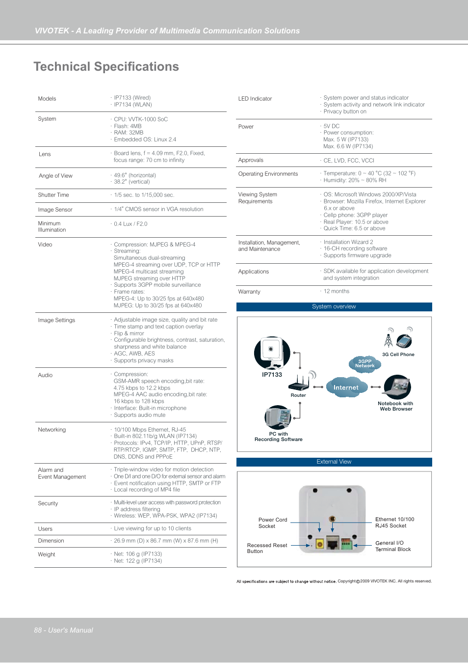 Technical specifications, Specifications | Vivotek IP7133 (WIRED) User Manual | Page 88 / 90