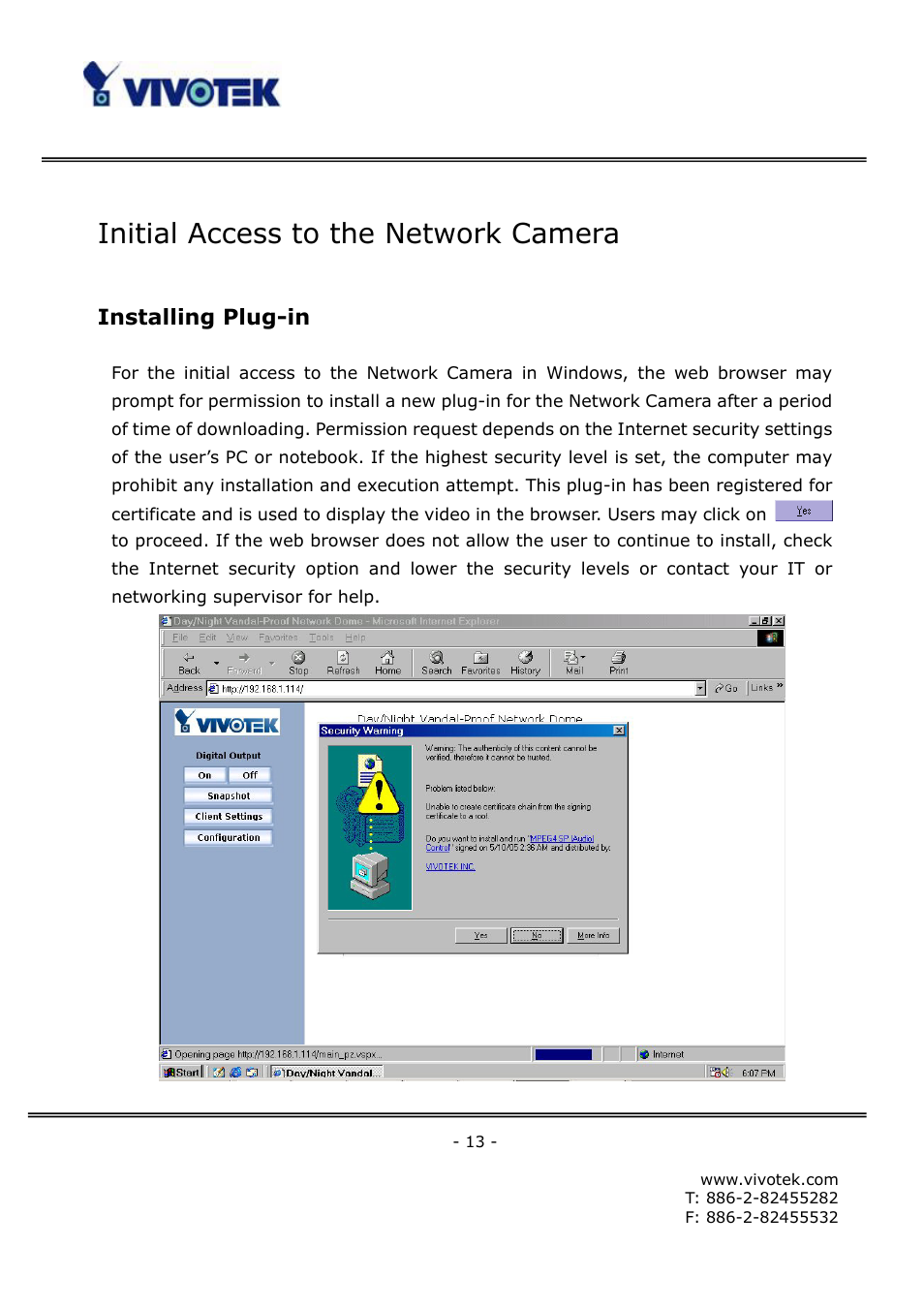 Initial access to the network camera, Installing plug-in | Vivotek FD6111V User Manual | Page 17 / 93