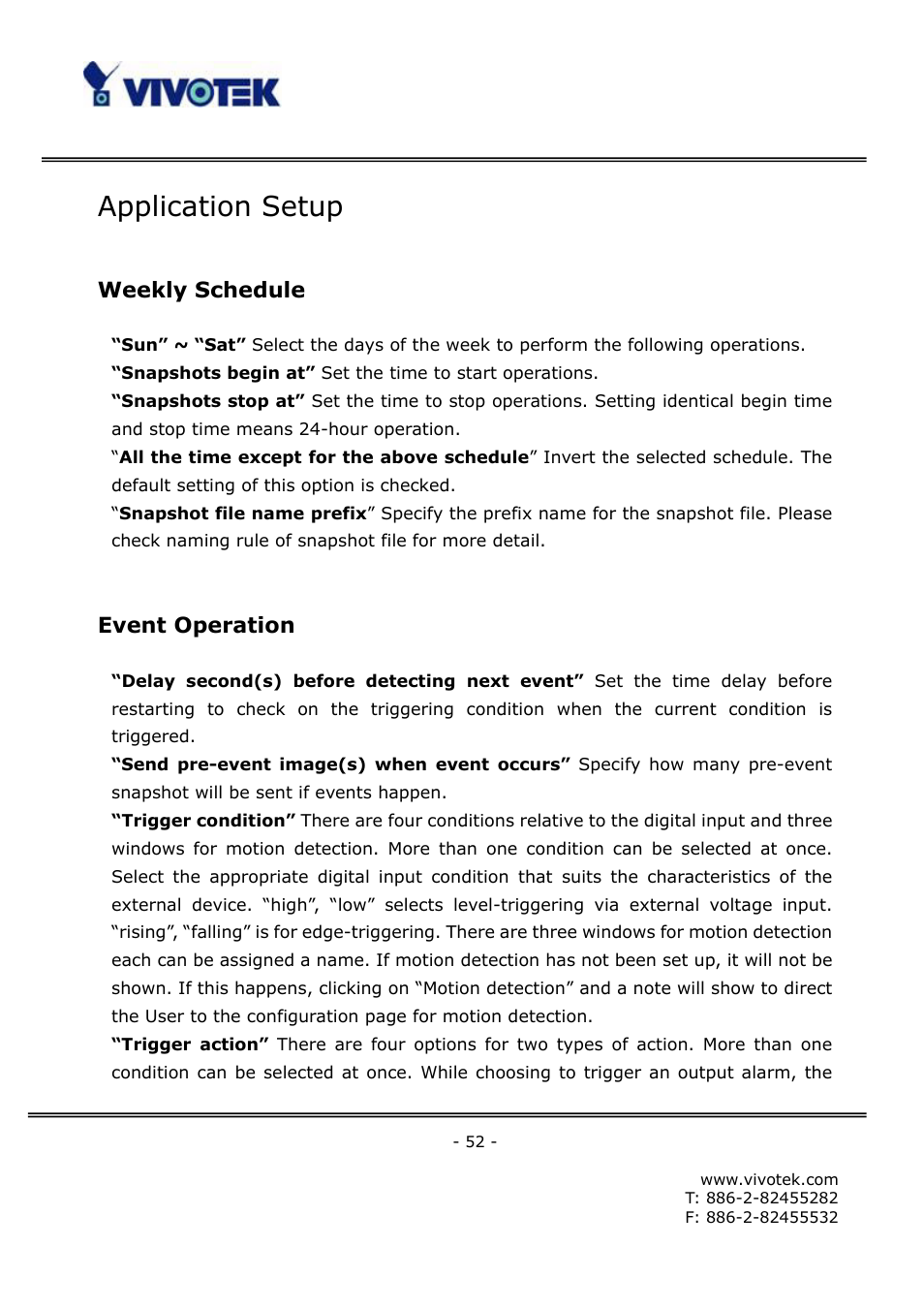 Application setup, Weekly schedule, Event operation | Vivotek FD6111V User Manual | Page 56 / 93