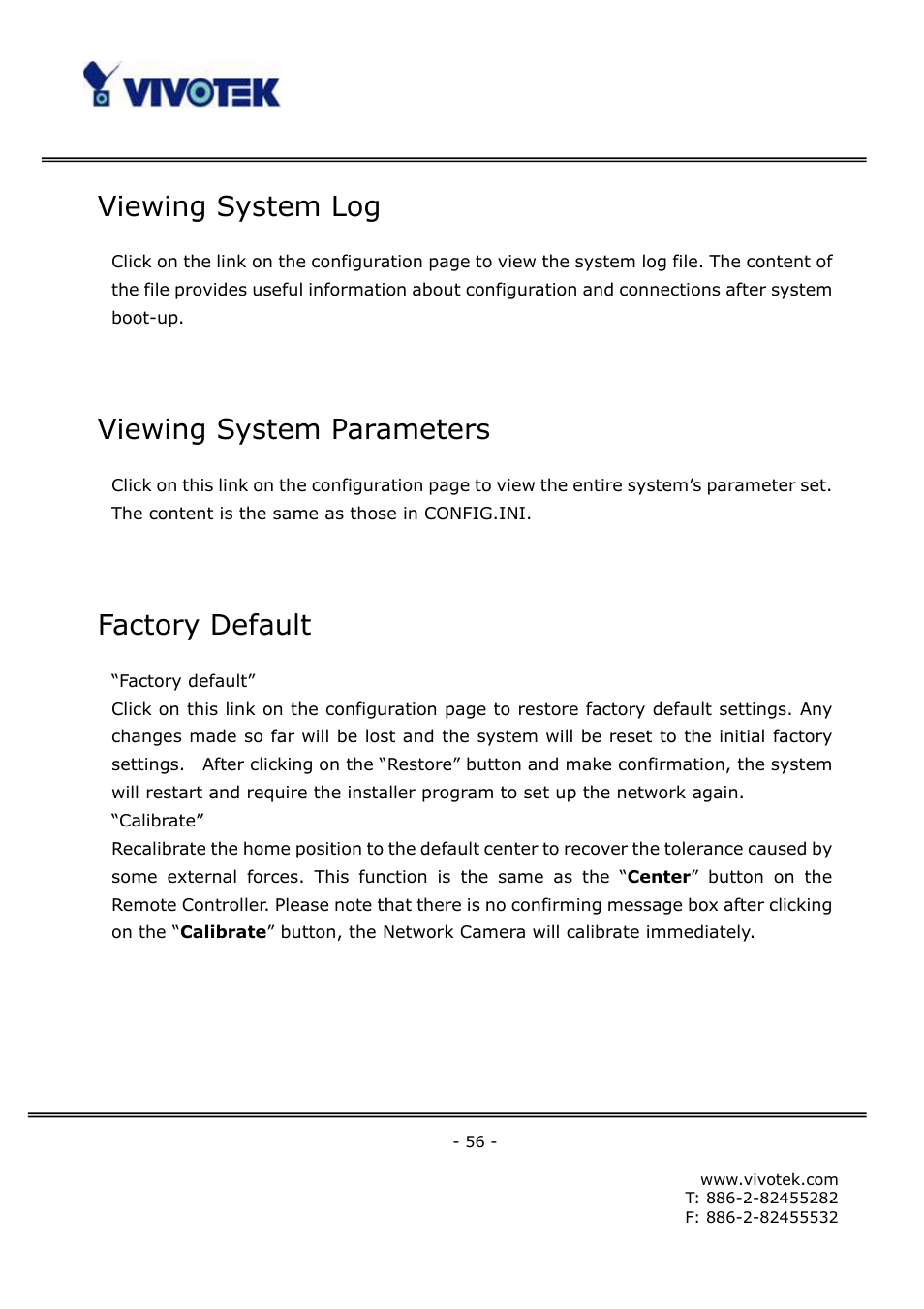 Viewing system log, Viewing system parameters, Factory default | Vivotek FD6111V User Manual | Page 60 / 93