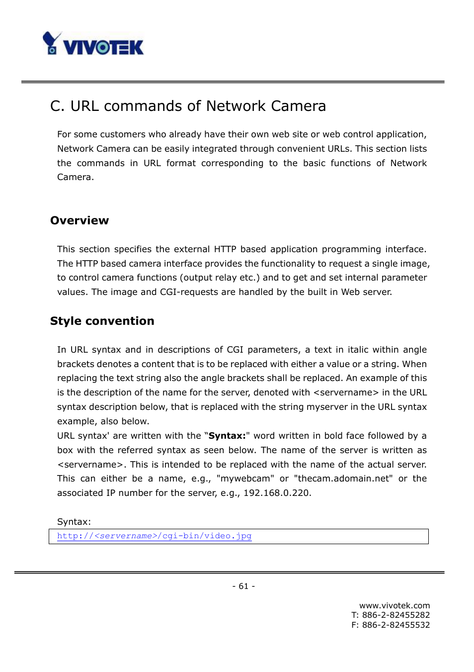 C. url commands of network camera, Overview, Style convention | Vivotek FD6111V User Manual | Page 65 / 93