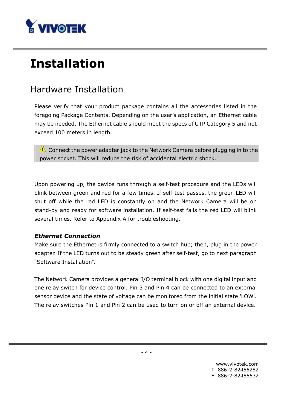 Installation, Hardware installation | Vivotek FD6111V User Manual | Page 8 / 93