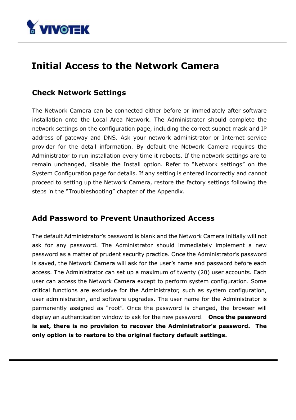 Initial access to the network camera, Check network settings, Add password to prevent unauthorized access | Vivotek PT3123 User Manual | Page 12 / 66
