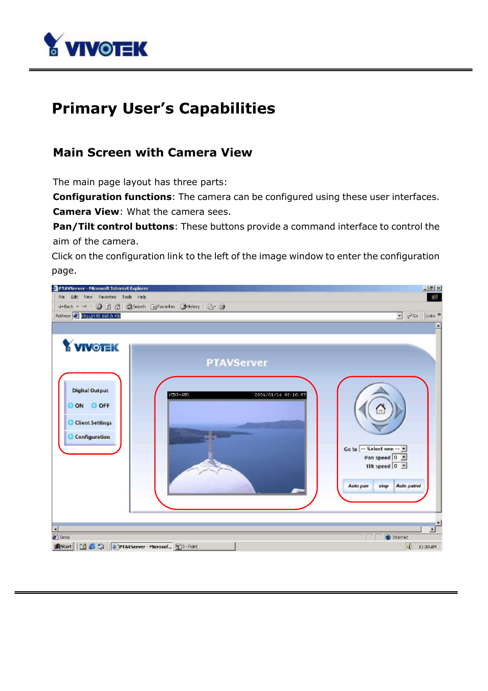 Primary user’s capabilities, Main screen with camera view | Vivotek PT3123 User Manual | Page 15 / 66